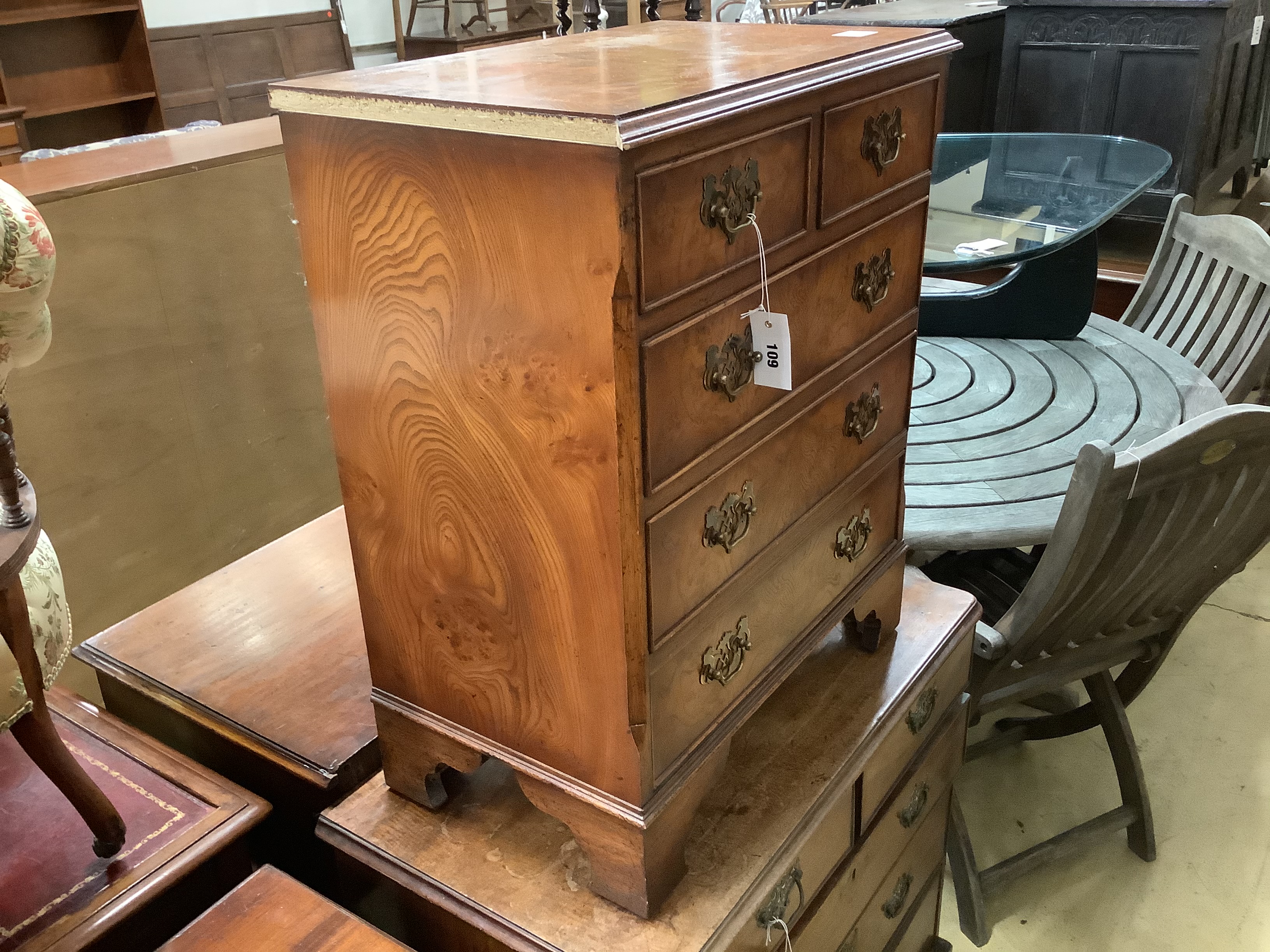 A small reproduction burr elm five drawer chest, width 60cm, depth 37cm, height 72cm